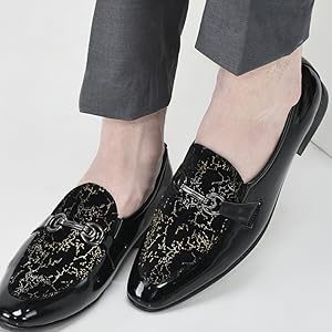 Men Black Velvet Patent Leather Horsebit Buckle Ethnic Slip On Shoes|Party Shoe|Office Shoe|Anti Skid Sole