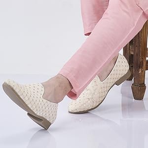 Men White Embroidered Sequin Ethnic Slip-On Juttis and Mojaris with Anti Skid Sole|Traditional Loafer Sherwani Shoes for Wedding, Reception, Party, Sangeet and Festive Outfits