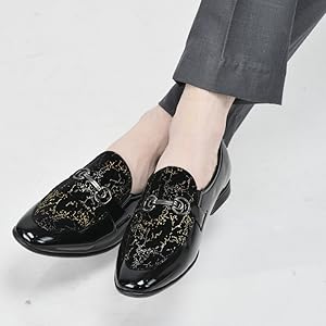 Men Black Velvet Patent Leather Horsebit Buckle Ethnic Slip On Shoes|Party Shoe|Office Shoe|Anti Skid Sole