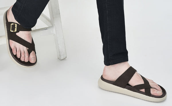 Men Brown Toe Ring Criss Cross Buckle Strap Side Stitched Waterproof Summer Slip On Sandals|Comfort Sole|Lightweight Slippers for Rainy Monsoon Season