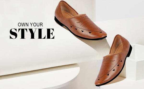 Men Tan Ethnic Wedding Party Laser Cut Perforated Design Slip On Juttis and Mojaris