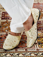 Men Cream Traditional Silk Embroidered Zardozi Slip On Juttis and Mojaris for Wedding|9 Colors|1-14UK Small Plus Sizes|Traditional Sherwani and Kurta Shoe