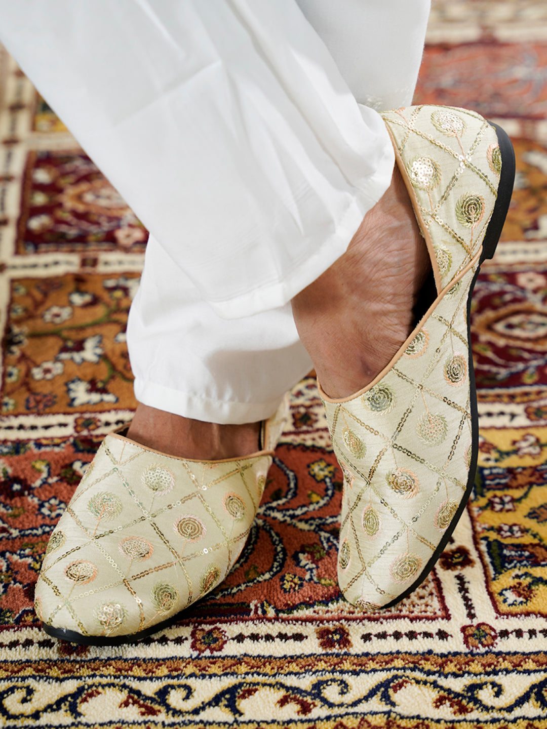 Men Cream Traditional Silk Embroidered Zardozi Slip On Juttis and Mojaris for Wedding|9 Colors|1-14UK Small Plus Sizes|Traditional Sherwani and Kurta Shoe