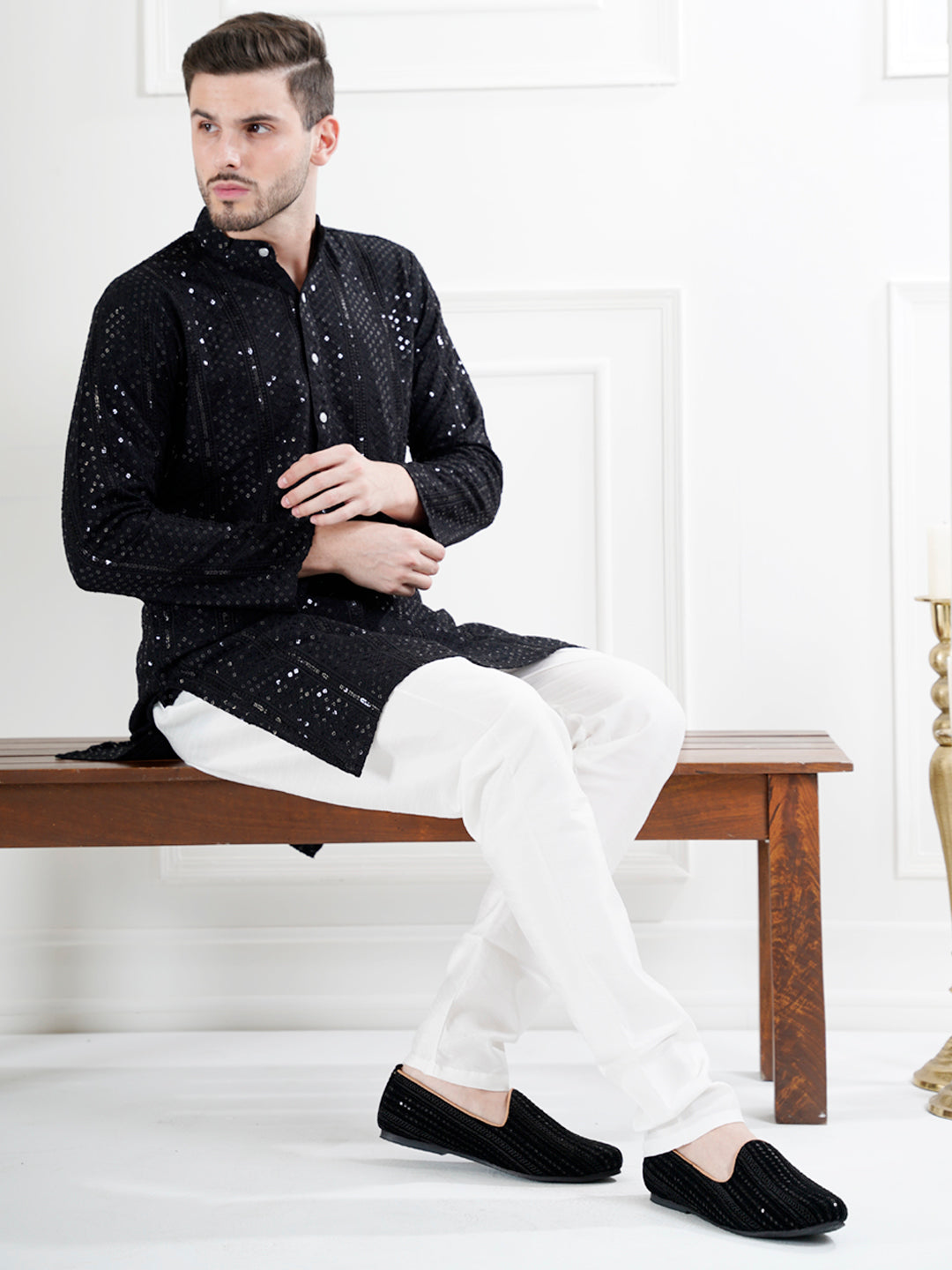 Men Black Embroidery Sequin Ethnic Slip On Juttis and Mojaris for Wedding|Festive Slip-On For Kurtas|Traditional Sherwani Shoes