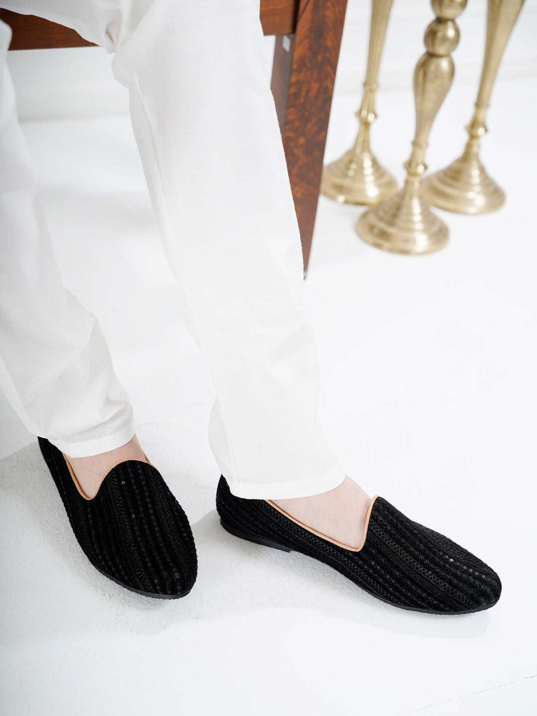 Men Black Embroidery Sequin Ethnic Slip On Juttis and Mojaris for Wedding|Festive Slip-On For Kurtas|Traditional Sherwani Shoes