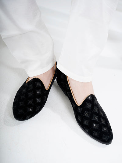 Men Black Embroidery Sequin Ethnic Slip On Juttis and Mojaris for Wedding|Festive Party Slip-On|Traditional Sherwani Shoes