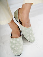 Men Pista Green Floral Embroidery Ethnic Half Cut Slip On Juttis and Mojaris for Wedding|Sherwani Slip-On|Traditional Kurtas Shoes