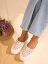 Women White Stiched Floral Print Back Open Height Enhancer Flatform Heel Slip On Casual Shoes