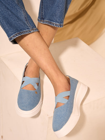 Women Sky Elastic Closure Cross Strap Denim Slip On Height Enhancer Ballet Styled Shoes