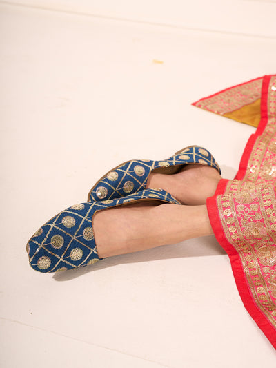 Women Blue Ethnic Silk Embroidery Zardozi Slip On Juttis and Mojaris for Wedding|Juttis for Lehanga|Festive Slip-On