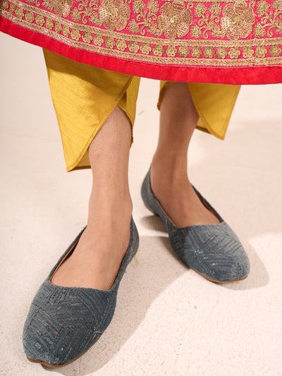 Women Blue Ethnic Silk Embroidery Zardozi Slip On Juttis and Mojaris for Wedding|Festive Slip-On Shoe|Juttis for Anarkali Kurta