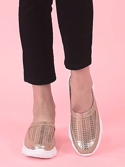 Women Golden Laser Cut Design Stitched Back Open Slip On Mules Shoes