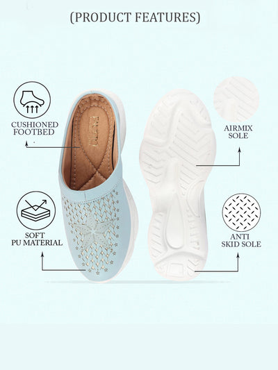 Shop Women Sky Blue Laser Cut Design Stitched Back Open Slip-On Mules Shoes Online.