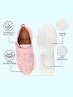 Shop Women Pink Laser Cut Design Stitched Back Open Hook & Loop Buckle Mules Shoes Online.