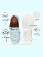 Shop Women Sky Blue Laser Cut Design Stitched Back Open Hook & Loop Buckle Mules Shoes Online.