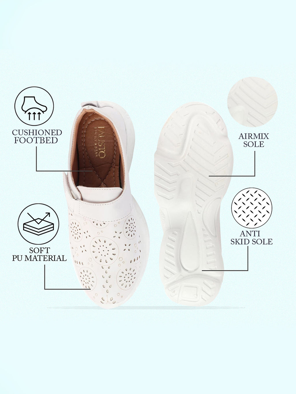 Shop Women White Laser Cut Design Stitched Back Open Hook & Loop Buckle Mules Shoes Online.