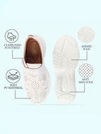 Shop Women White Laser Cut Design Stitched Back Open Hook & Loop Buckle Mules Shoes Online.
