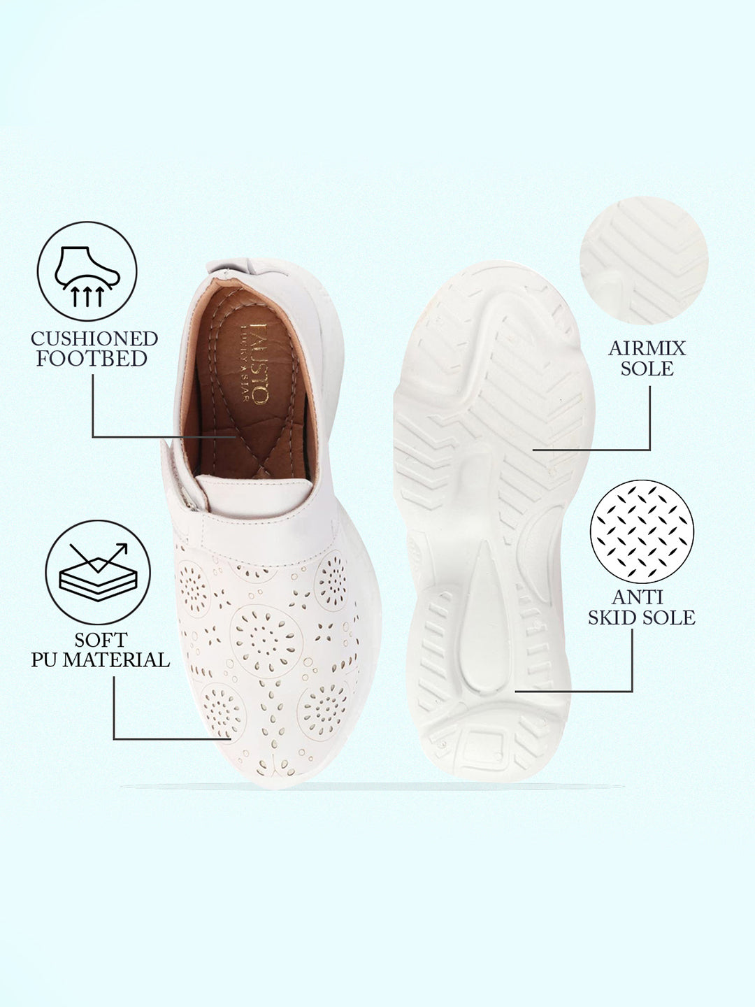 Shop Women White Laser Cut Design Stitched Back Open Hook & Loop Buckle Mules Shoes Online.