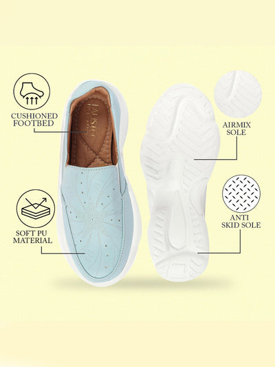 Shop Women Sky Blue Printed Design Stitched Comfort Slip On Sneaker Shoes Online.