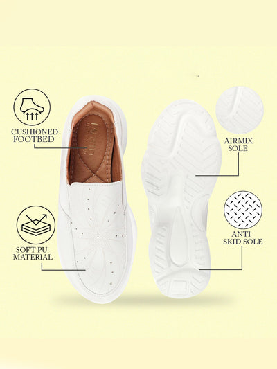 Shop Women White Printed Design Stitched Comfort Slip On Sneaker Shoes Online.