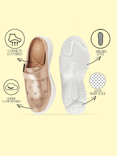 Women Golden Laser Cut Floral Design Hook and Loop Back Open Slip On Mules Shoes