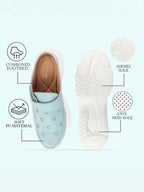 Shop Women Sky Blue Laser Cut Floral Design Hook and Loop Back Open Slip On Mules Shoes Online.