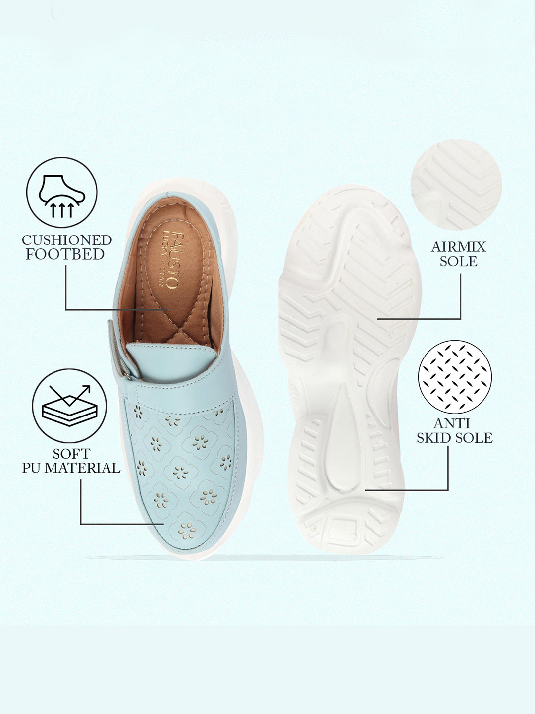 Shop Women Sky Blue Laser Cut Floral Design Hook and Loop Back Open Slip On Mules Shoes Online.