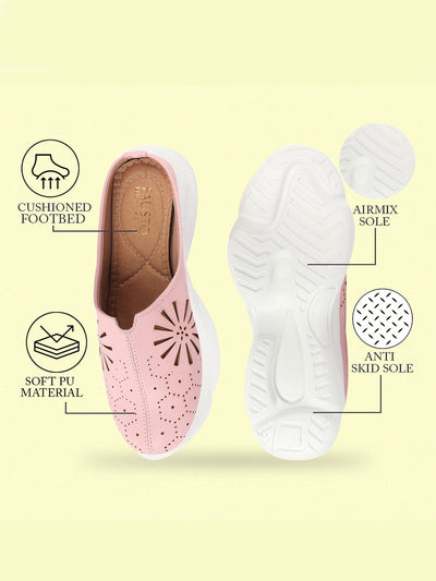 Shop Women Pink Laser Cut Design Stitched Breathable Back Open Slip On Mules Shoes Online.