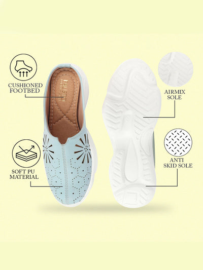 Shop Women Sky Blue Laser Cut Design Stitched Breathable Back Open Slip On Mules Shoes Online.