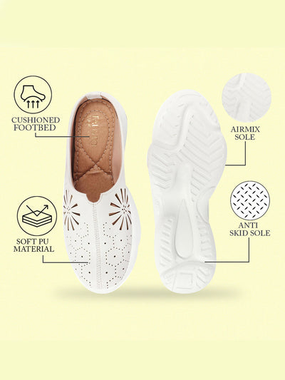 Shop Women White Laser Cut Design Stitched Breathable Back Open Slip On Mules Shoes Online.