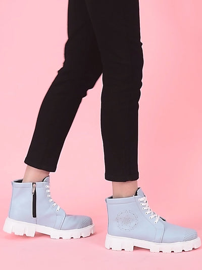 Women Sky Blue Outdoor Winter High Top Chunky Lace Up Casual Boots