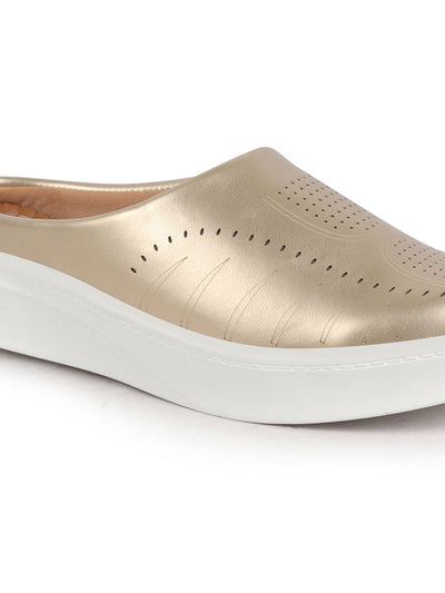 Women Golden Perforated Laser Cut Classic Back Open Slip On Mules Shoes|Work|Casual|Loafer Shoes|Comfort