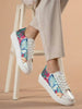 Women White/Blue Glossy Floral Print Lace Up Party Sneakers|Platform Height Enhancer Casual Shoes|Memory Cushion Insole
