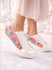 Women White/Grey Glossy Floral Print Lace Up Party Sneakers|Platform Height Enhancer Casual Shoes|Memory Cushion Insole