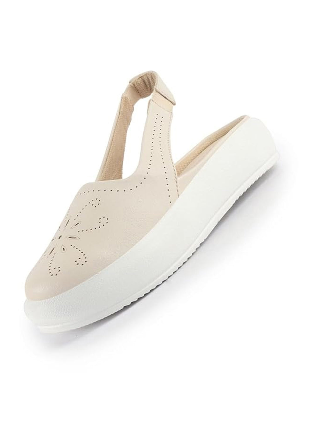Women Golden Laser Cut Floral Design Back Open Shoes | Pull On Mules Shoes with Elastic Sling Back Strap | Casual Outing Slip On