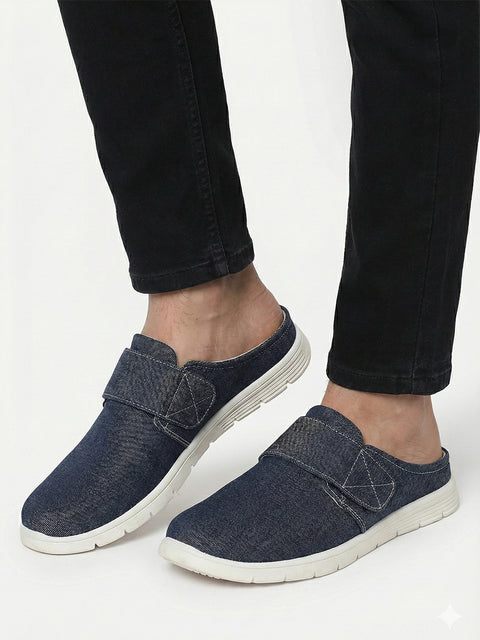 Men Blue Casual Back Open Canvas/Fabric Slip On Shoes with Single Strap Closure | Lightweight Comfort Insole Loafers | Slip Resistant TPR Sole