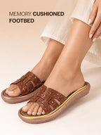 Women Tan Laser-Cut Lattice Strap Slides|Open Toe Platform Slip-On Sandals|Comfortable Lightweight Walking Shoes