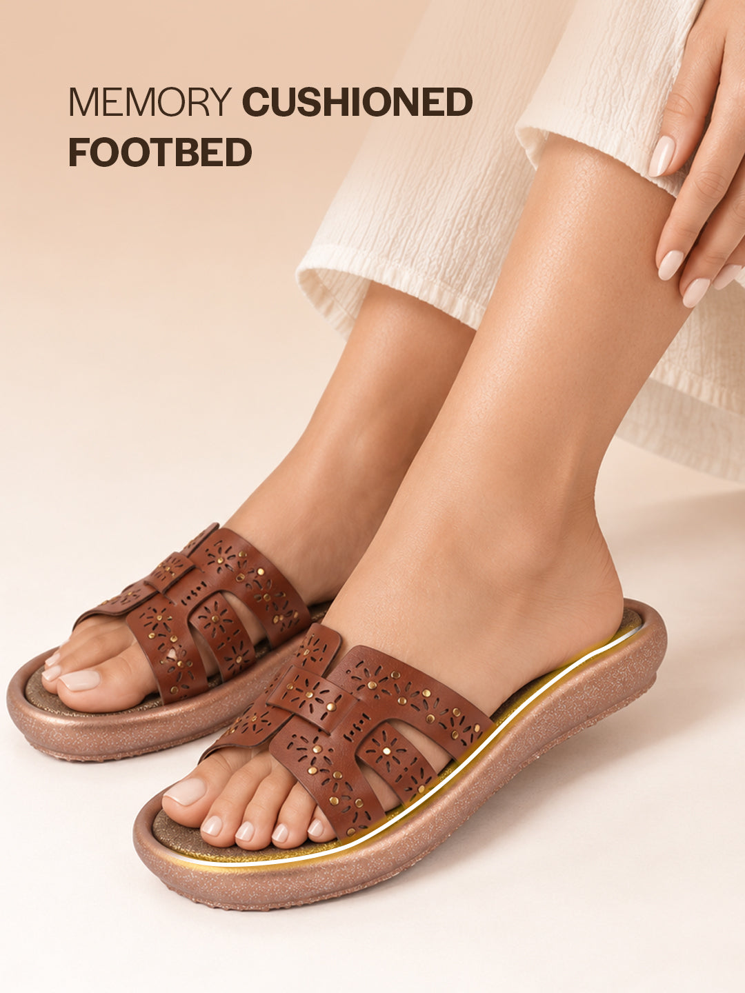 Women Tan Laser-Cut Lattice Strap Slides|Open Toe Platform Slip-On Sandals|Comfortable Lightweight Walking Shoes