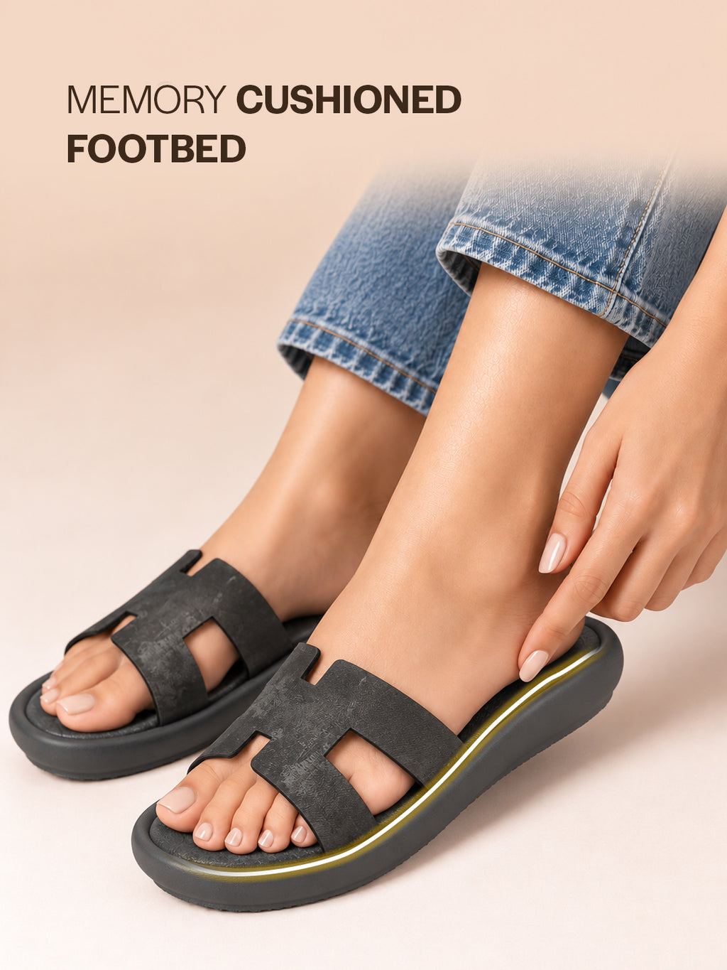 Women Grey Open Toe Platform Slider for Travel & Resort Vacationing|Flat Summer Slippers|Poolside Outings Comfort Cushioned Footbed Insole