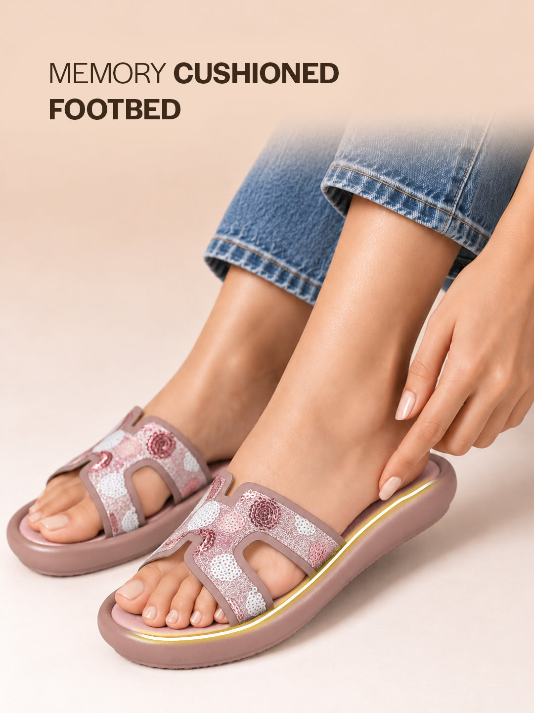 Women Pink Open Toe Platform Slider for Travel & Resort Vacationing|Flat Summer Slippers|Poolside Outings Comfort Cushioned Footbed Insole