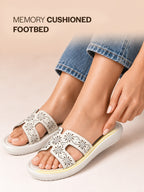 Women White Open Toe Platform Slider for Travel & Resort Vacationing|Flat Summer Slippers|Poolside Outings Comfort Cushioned Footbed Insole