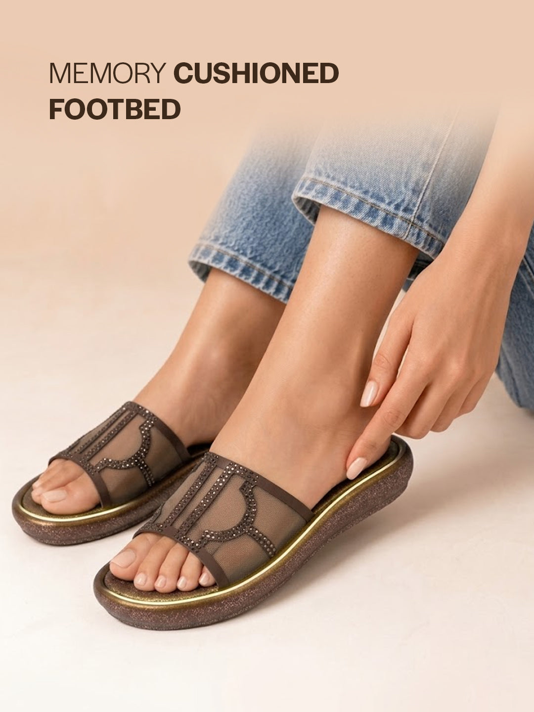 Women Brown Open Toe Breathable Rhinestone Strap Slippers|Cushioned Comfort Insole|Slip On Sandals with Optimal Grip, Flexibility for Festive, Smart Casual