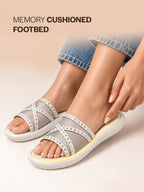 Women White Open Toe Breathable Rhinestone Strap Slippers|Cushioned Comfort Insole|Slip On Sandals with Optimal Grip, Flexibility for Festive, Smart Casual