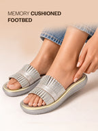 Women Silver Open Toe Rhinestone Fringe Slider for Festive, Party|Flat Summer Slip On Slippers|Lightweight Cushioned Insole Sandals with Anti Skid Sole