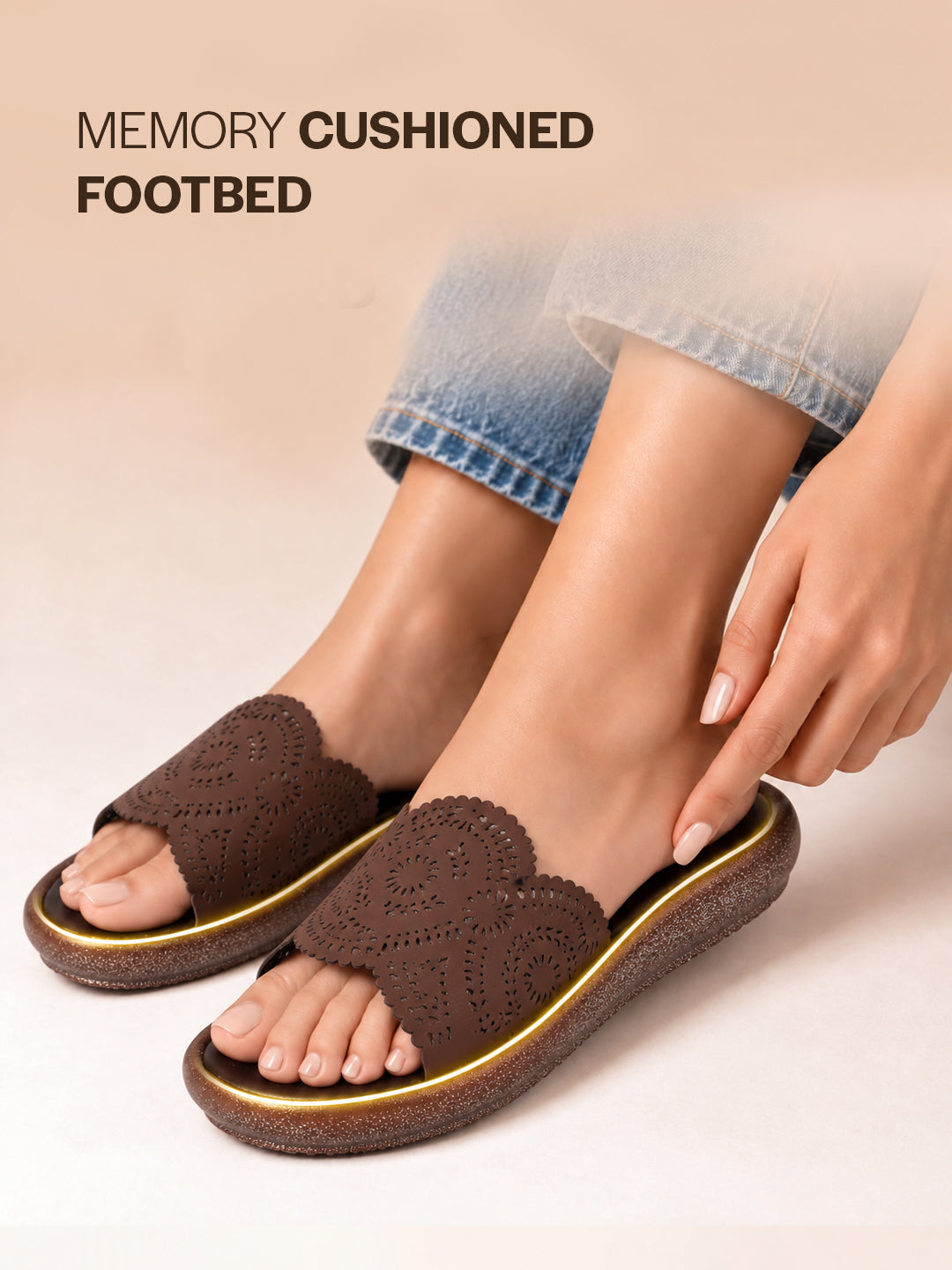 Women Brown Laser Cut Floral Strap Open Toe Sandals|Slip On Sliders with Cushioned Footbed Insole|Lightweight and Comfort for Daily Wear