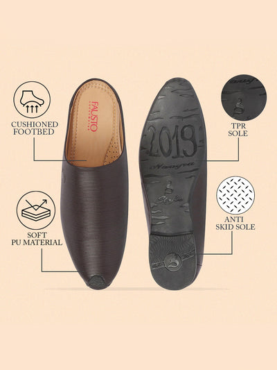 Shop Men Brown Back Open Classic Design Textured Slip-On Ethnic Juttis and Mojaris Online.