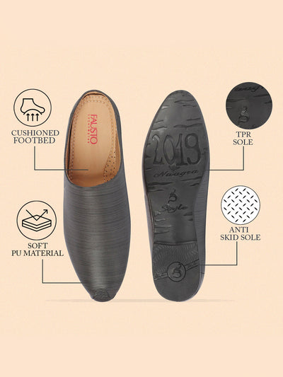 Shop Men Grey Back Open Classic Design Textured Slip-On Ethnic Juttis and Mojaris Online.