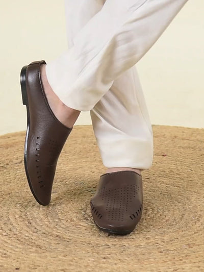 Men Brown Back Open Slip On Ethnic Mules Wedding Shoes