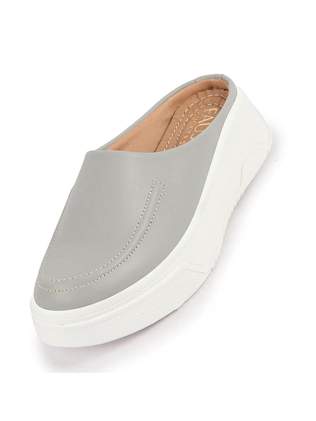 Women Grey Outdoor Fashion Stitched Design Open Back Platform Heel Slip On Casual Shoes