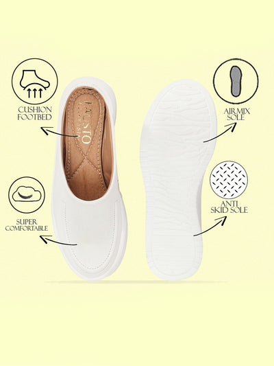 Women White Outdoor Fashion Stitched Design Open Back Platform Heel Slip On Casual Shoes